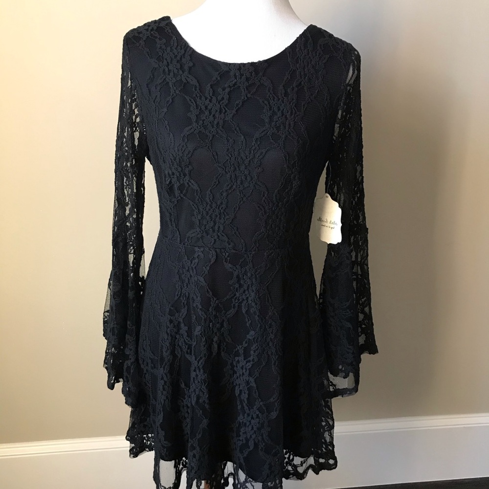 NWT Altar'd State Black Lace Mini Dress Long Bell Sleeves and Low Back